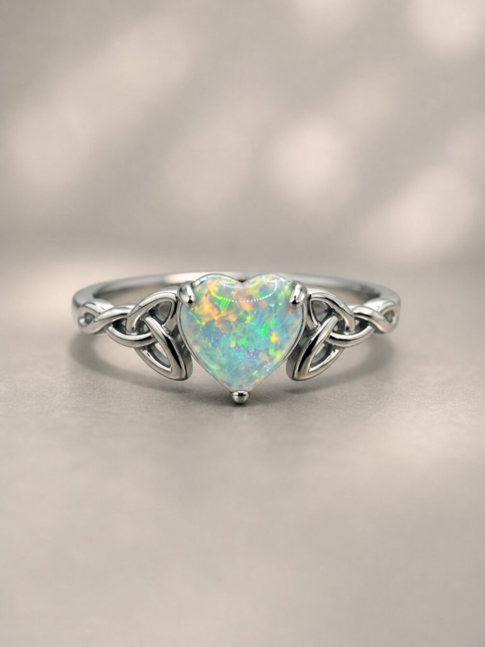 S925 Opal Heart Ring Size 7 Sterling Silver Celtic Knot Delicate New